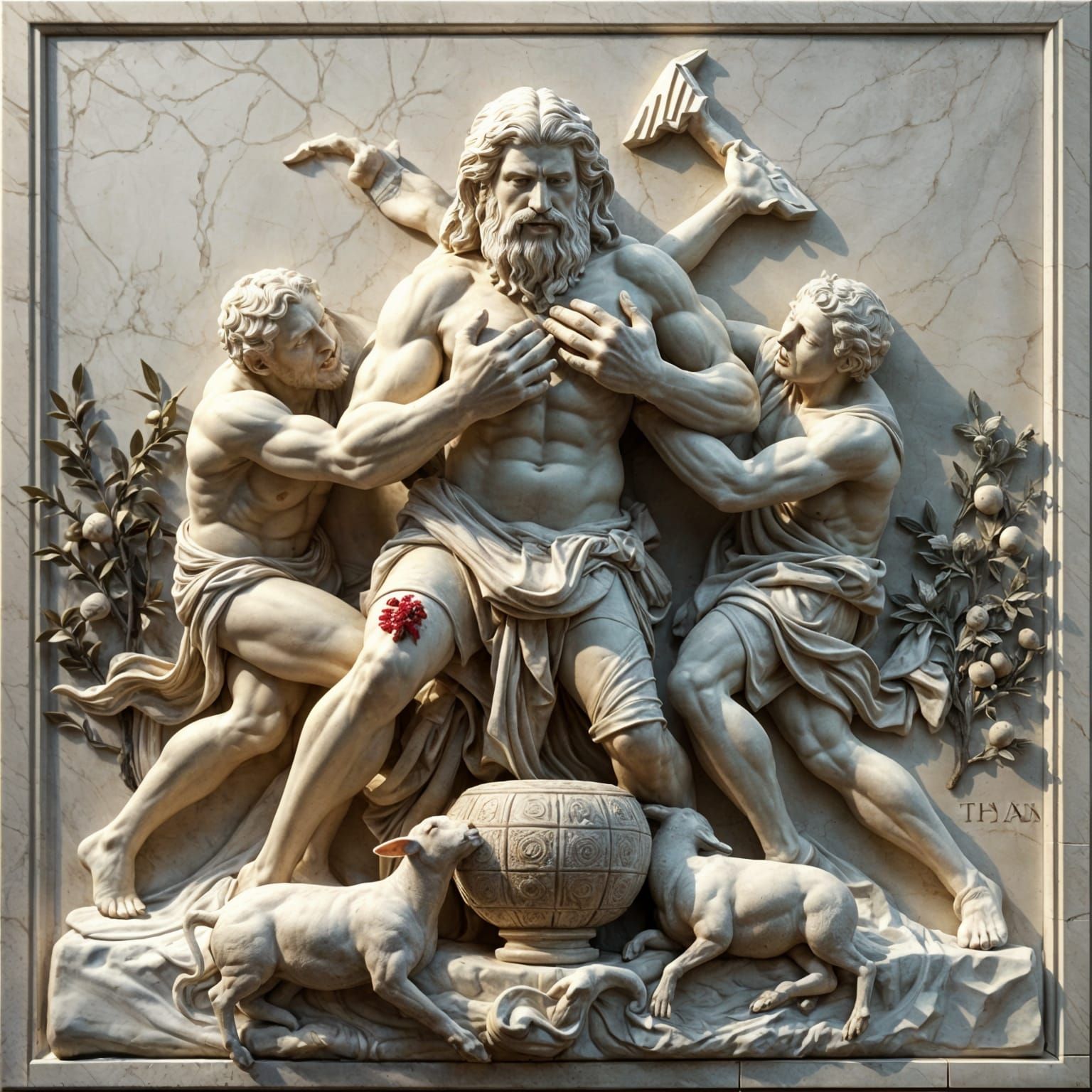 White marble bas relief , full 3d details. Atlas in fighr with titans. Atlas with rage face with hands around two titans strugle to escape w...