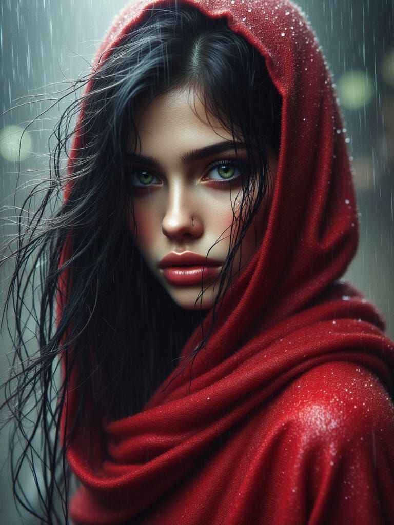 <lora:HRH-Rain-Woven:1.0> Aged black canvas, a beautiful hyper detailed,,  long raven haired, stunningly beautiful green eyed  ninjtsu  wear...