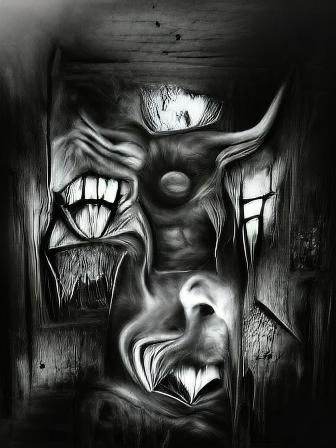 Terrifying Demon Face Horror Art in Black and White