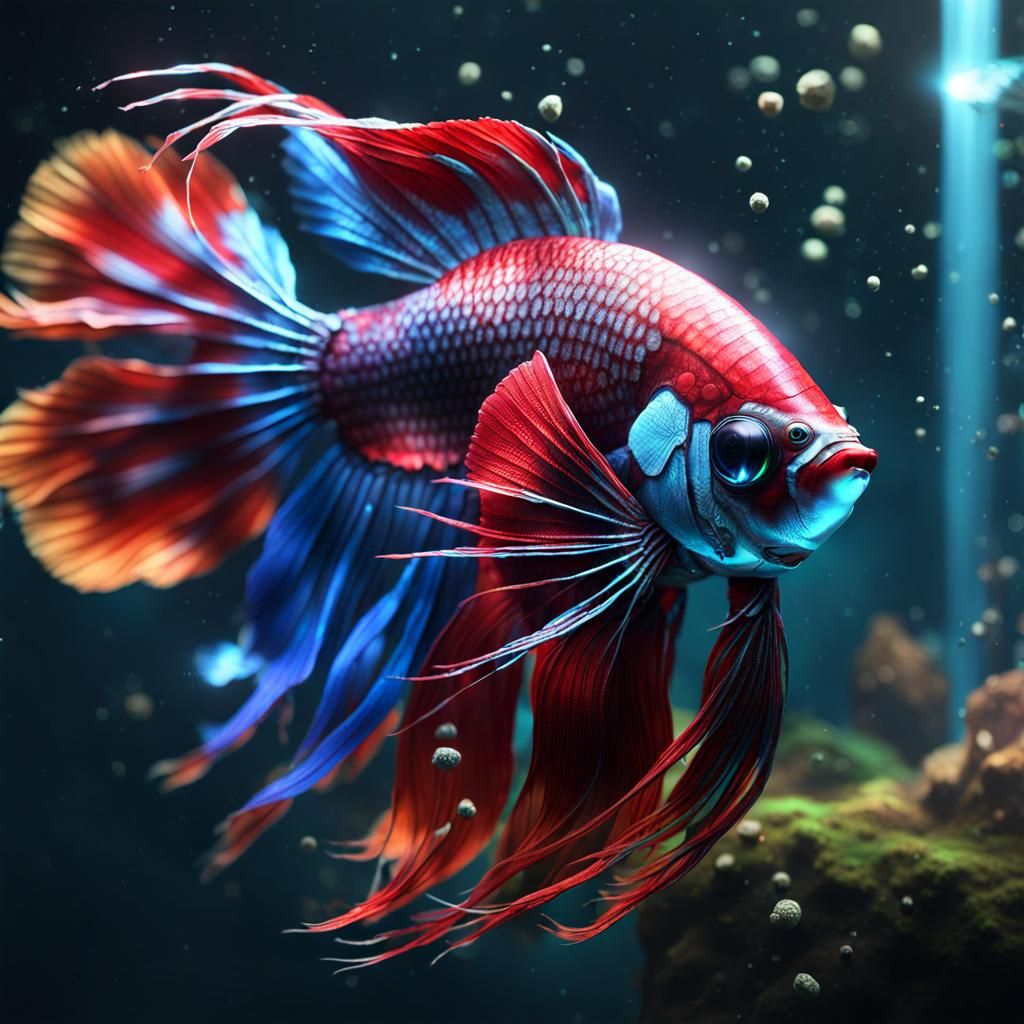 Cyborg Siamese fighting fish robot in a tank. Fish has a rob...