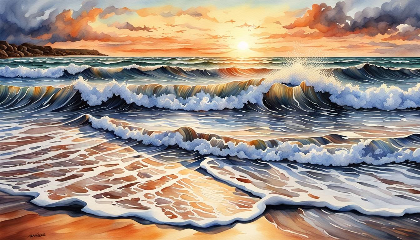 A watercolour of gentle waves washing up on a beach