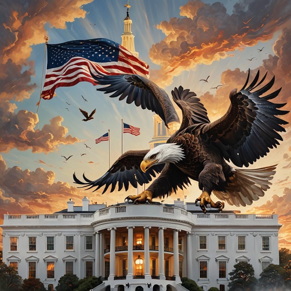 Eagle and Elephant Duel Before White House: Oil Painting