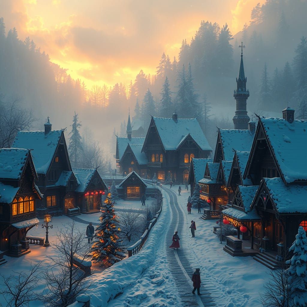 Whimsical Christmas Spirits in a Dreamlike Snowy Village