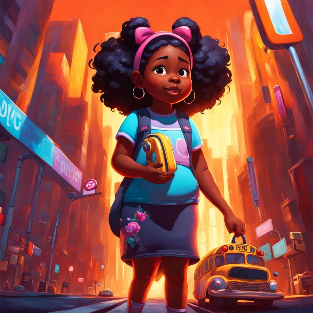 a fat little black adolescent girl getting on the bus. splas...