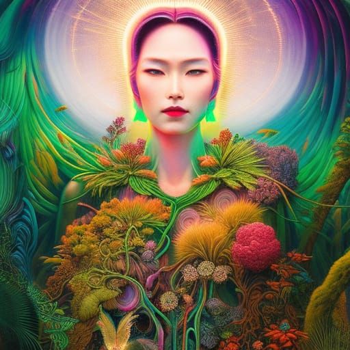 Neon Lighting-human hybrid woman in mycelium network in warp...