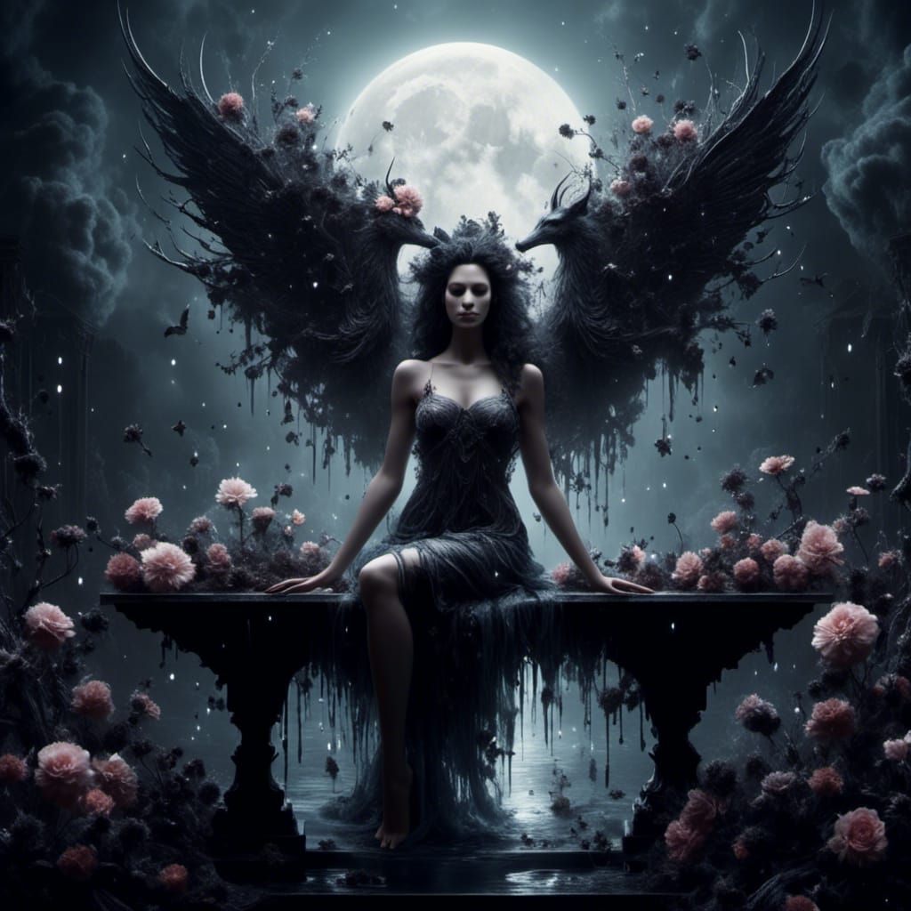 Magical Woman in Moonlit Garden: Dark Fantasy Portrait