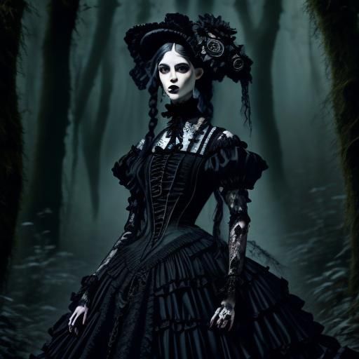 <lora:Goth fashion 2:1.0> Highly detailed full body picture of a goth woman in a victorian dress, detailed intricate realistic open eye face...