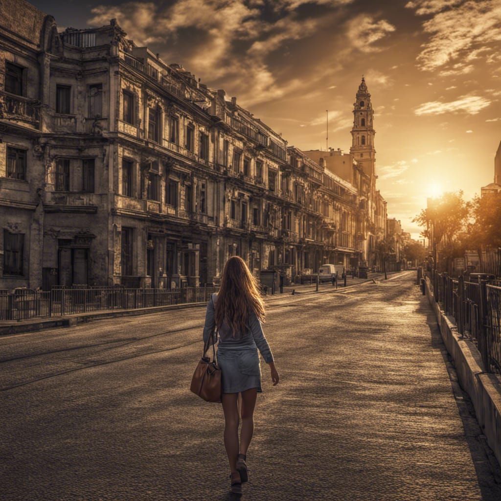 una chica paseando por una ciudad al atardecer