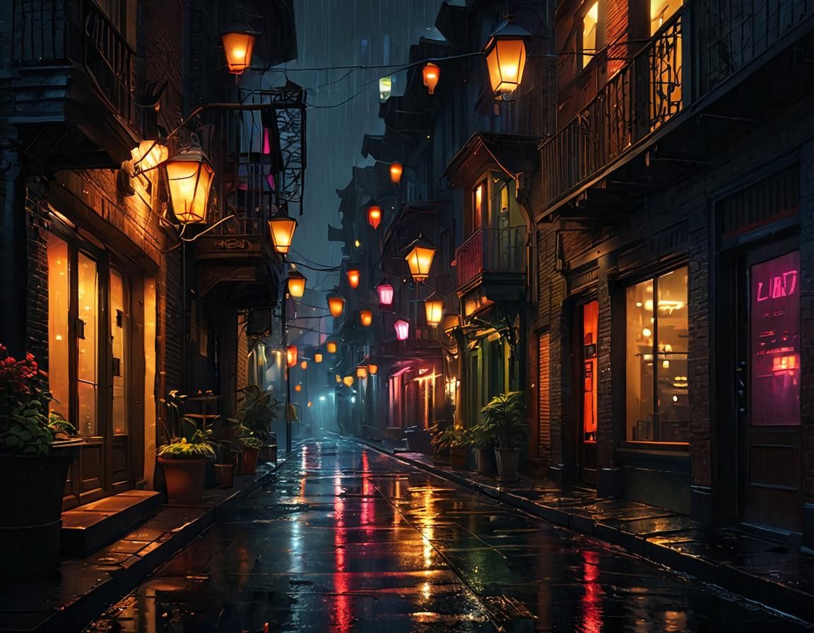 Rainy street alleys in eerie shadowy night, with cozy colorful lamps and faintly glimmering neons on ...  by @Forward