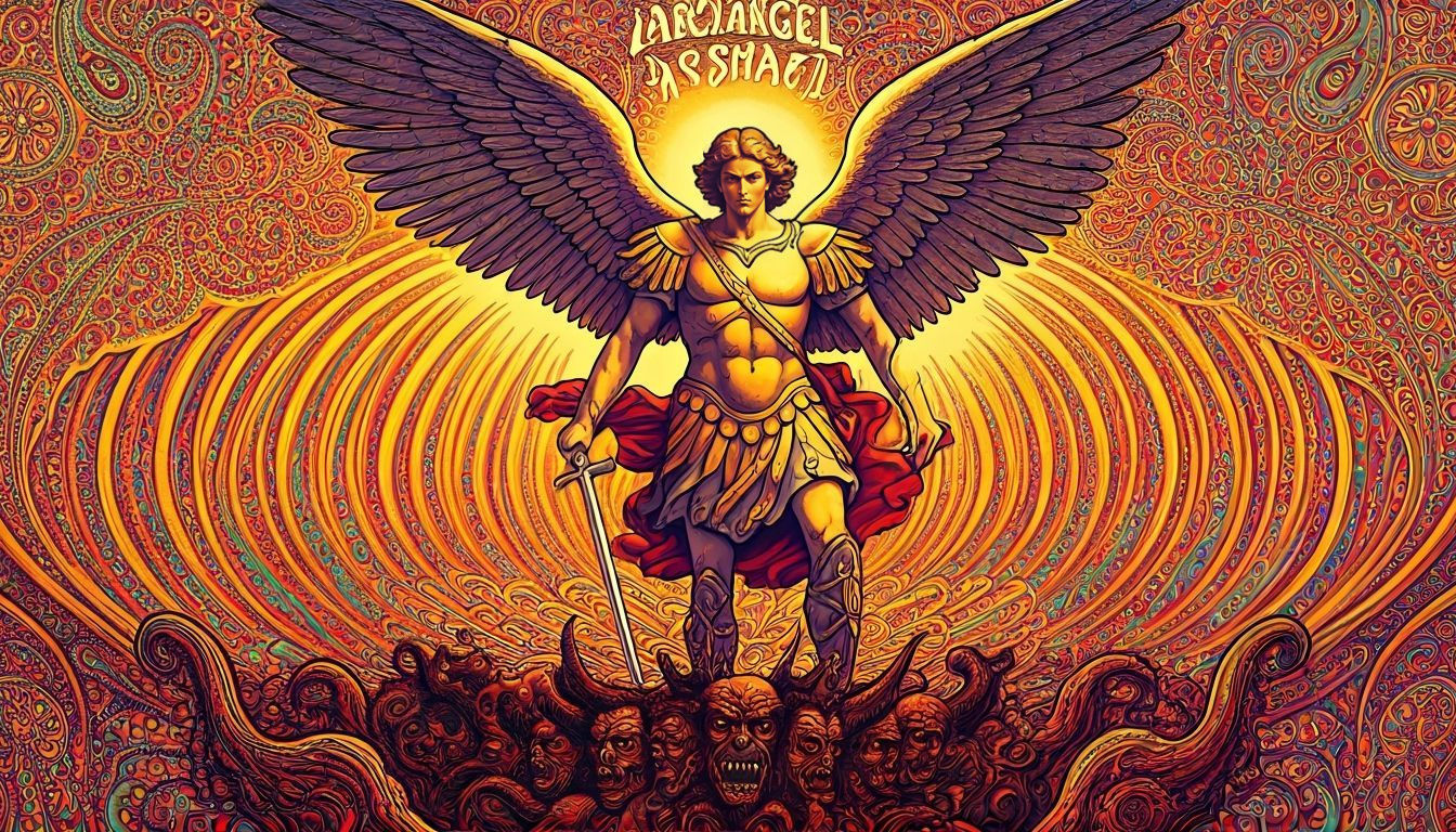 Archangel Michael defeats Satan. Psychedelic 60s art poster, psychedelic font, Horror vacui, Victorian, Art nouveau, Phosphenes, vibrating c...