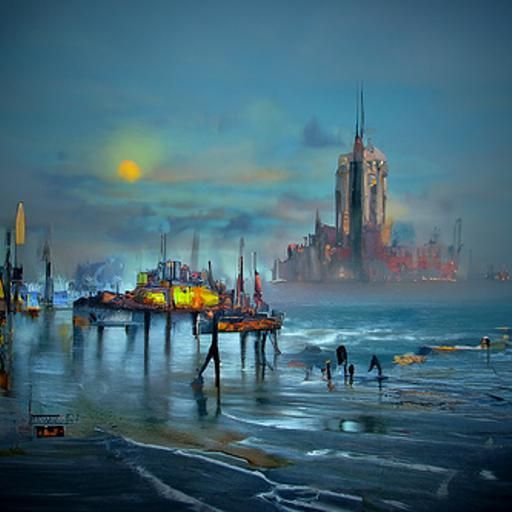 Oil Painting Post war Coastal European cityscape, Foggy, melancholy