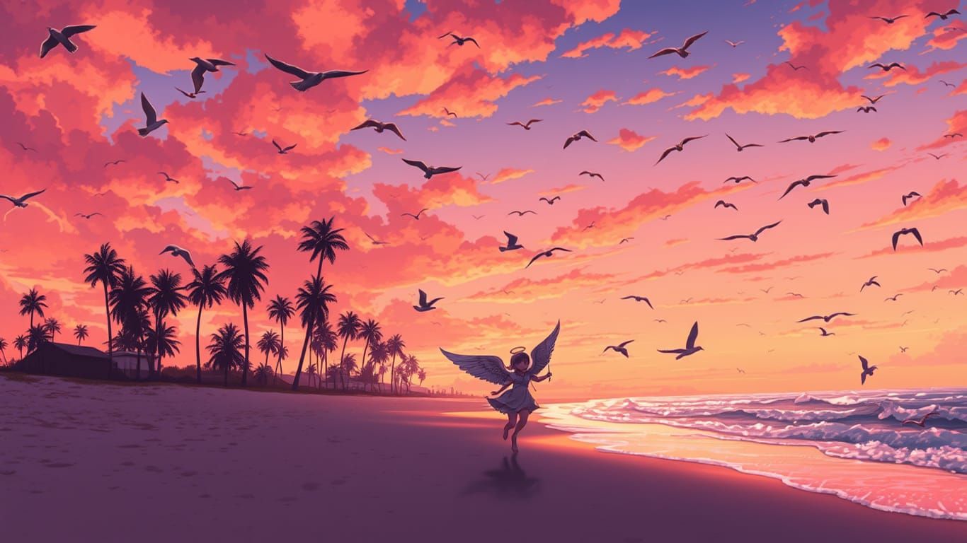 An Angel happy on the sunset beach