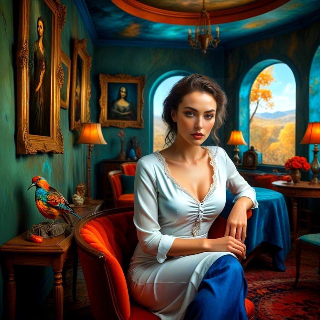 Surreal Landscape with a Lady in Vibrant, High-Contrast Colo...