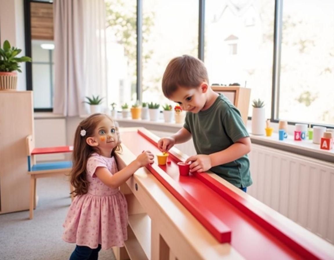 A little girl and a little boy playing with toys in kindergarten school.