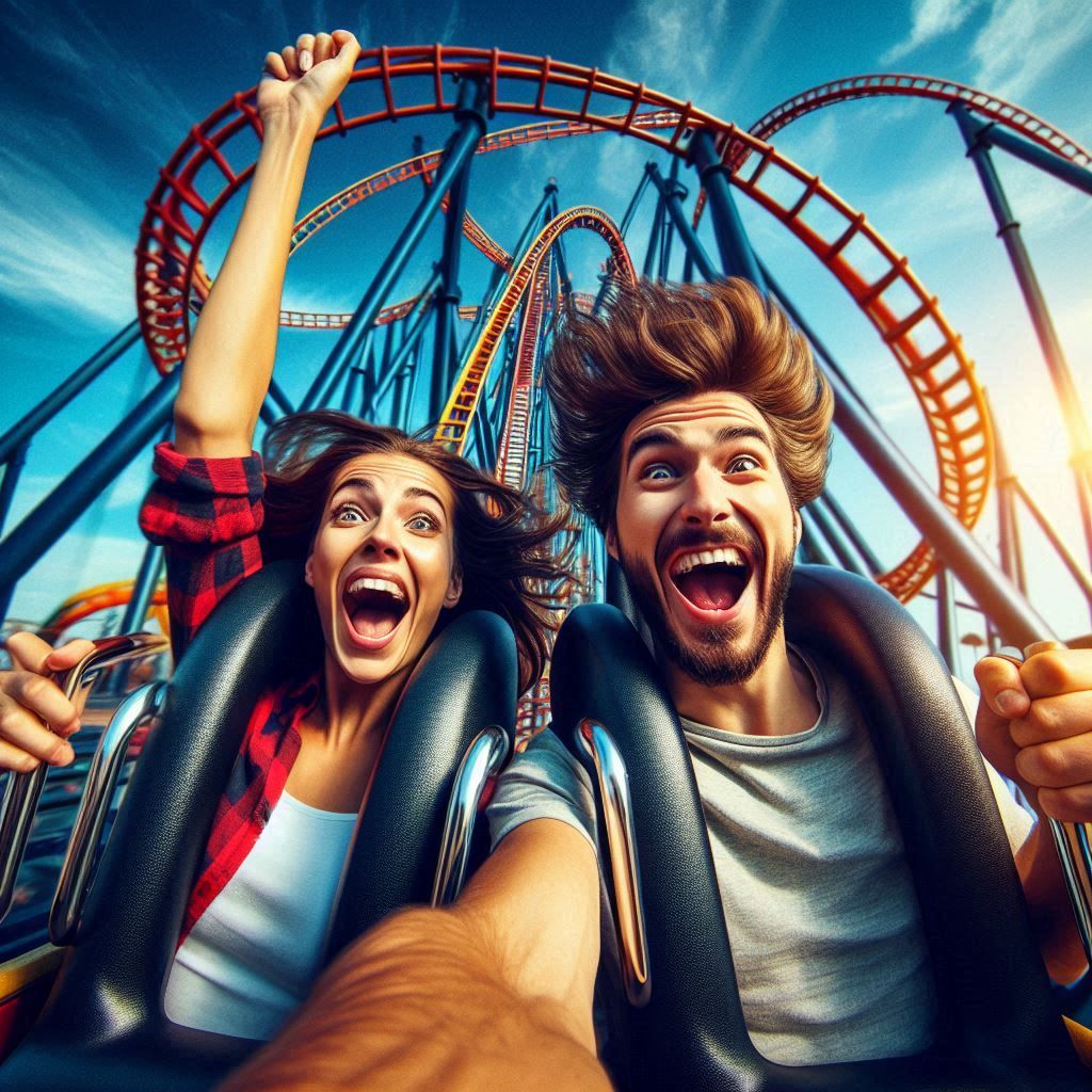 A couple boarding a rollercoaster