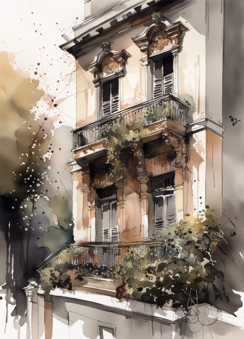 watercolor painting of an overgrown building AI Generated