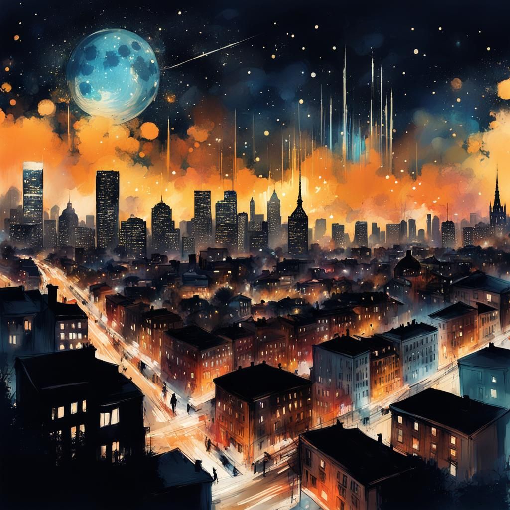 dynamic and enchanting city skyline under the stars in dazzling city lights against the night sky whimsical ...  by @Cat dove