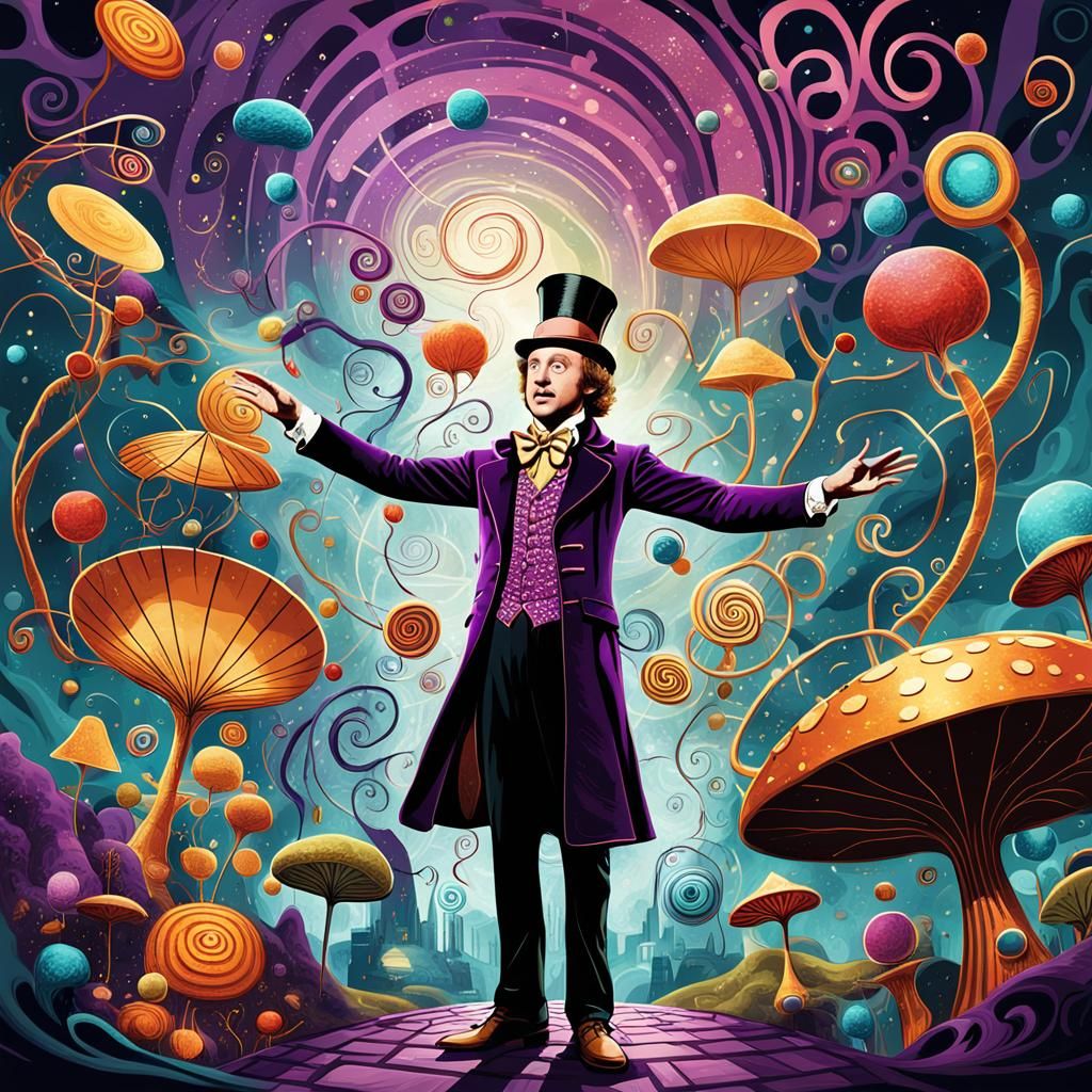 an imaginative digital illustration featuring Willy Wonka in...