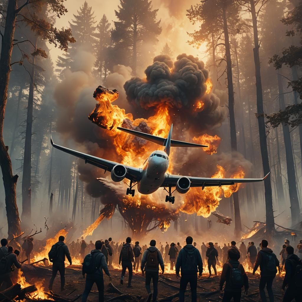 Surreal Plane Landing in Burning Forest