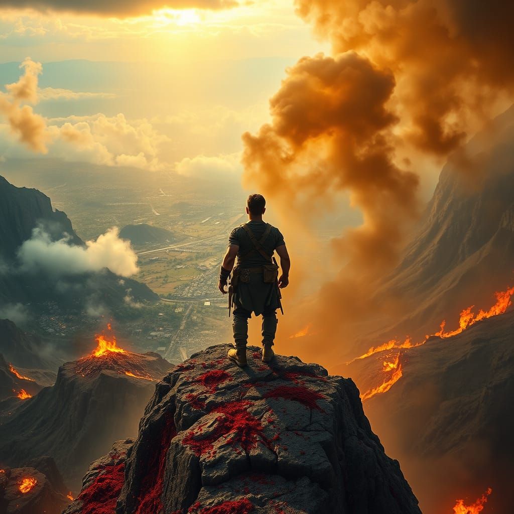 Battle-Weary Soldier Gazes at Paradise, Hyperrealistic Image