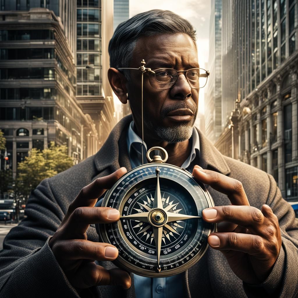 A man holding a metal compass outside a downtown office building using intricate details, HDR, beautifully shot, hyperrealistic, sharp focus...