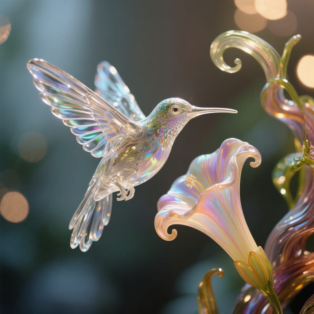 Glass Hummingbird Sculpture with Trumpet Vine