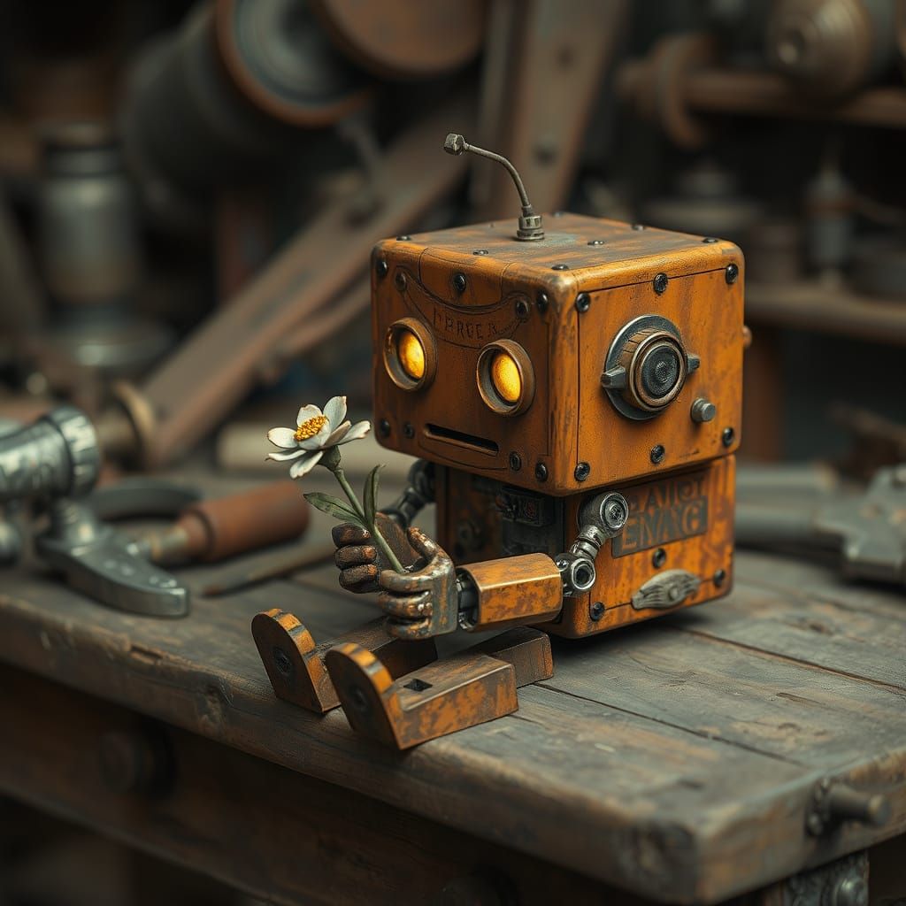 a small cute rusty cubic analog robot sitting and holding a metal flower, glowing eyes, on a workbench ...  by @mj24