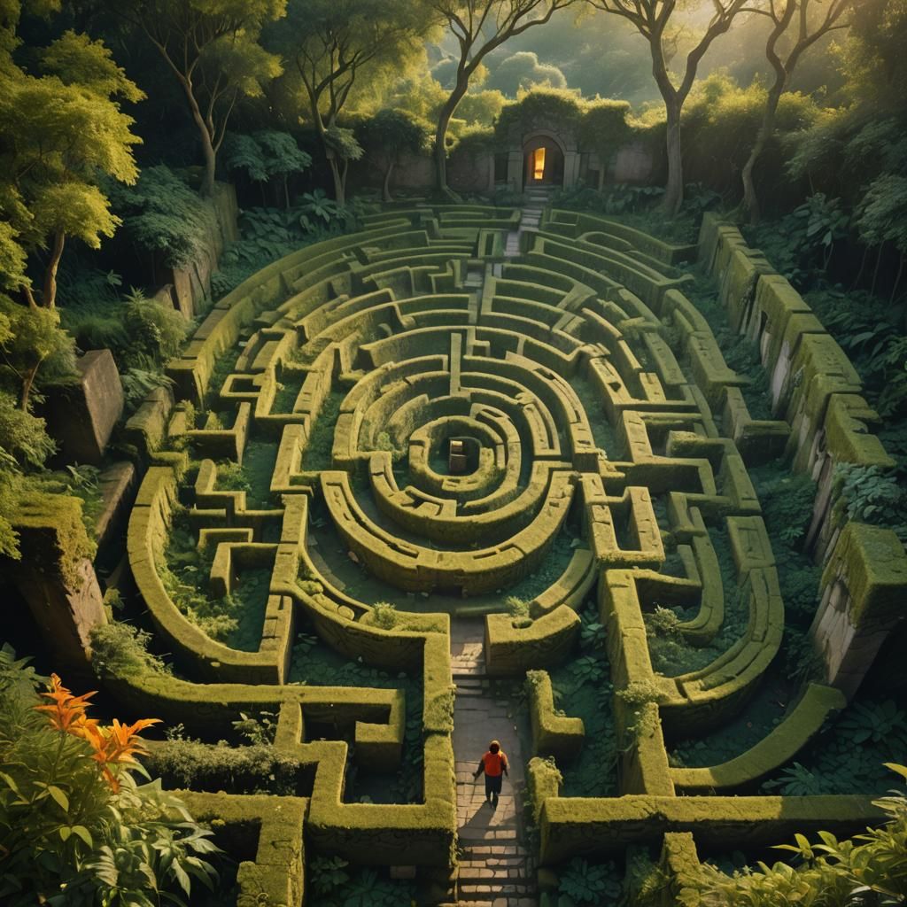 Mystical Labyrinth with Glowing Flora in High Fantasy Style