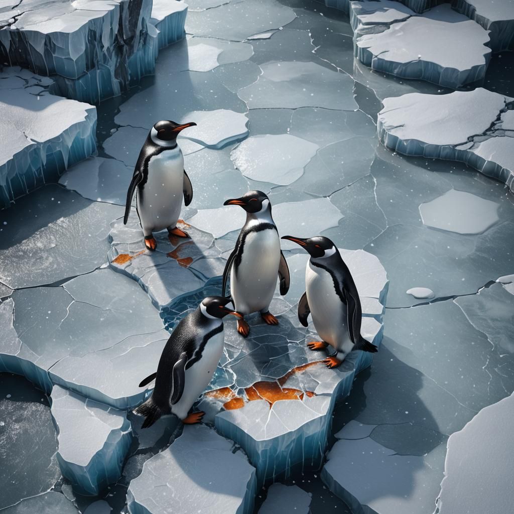 2 penguins on a piece of cracked ice in the snow - AI Generated Artwork ...