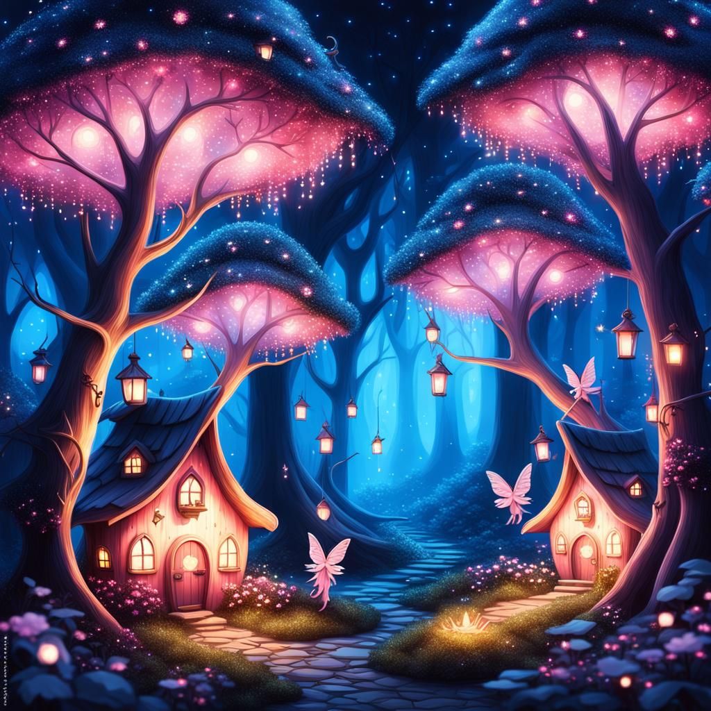 Magical Pink Mushroom Fairy Forest Lands At Night