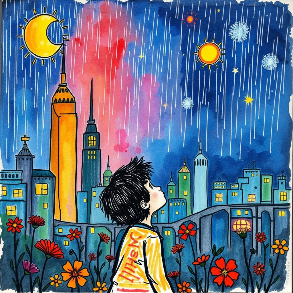 Doodle drawn world, naive child-like drawing , Crayon drawn style, cosmic  future city with doodled textured building, Dark emotions, fallin...
