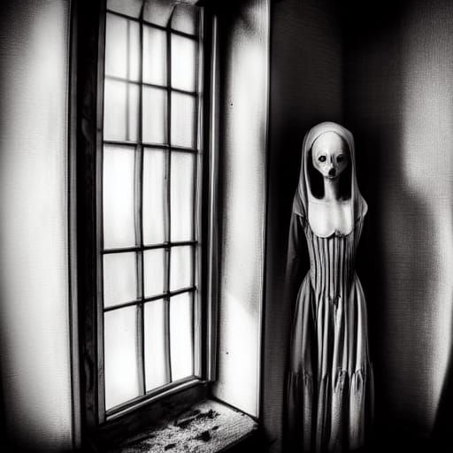 Ghost in a window of a creepy house Tim Burton gothic art back lit