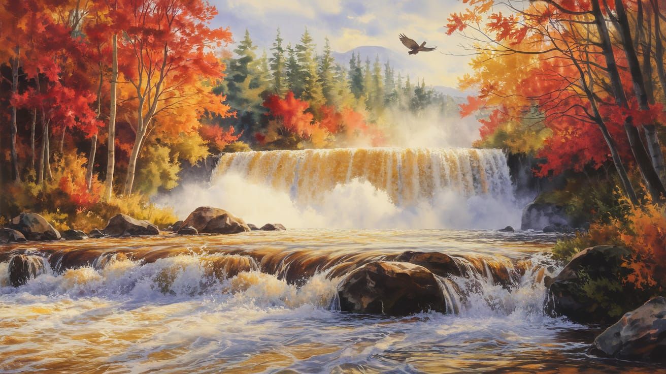 An autumn waterfall – 16:9  by @axelb