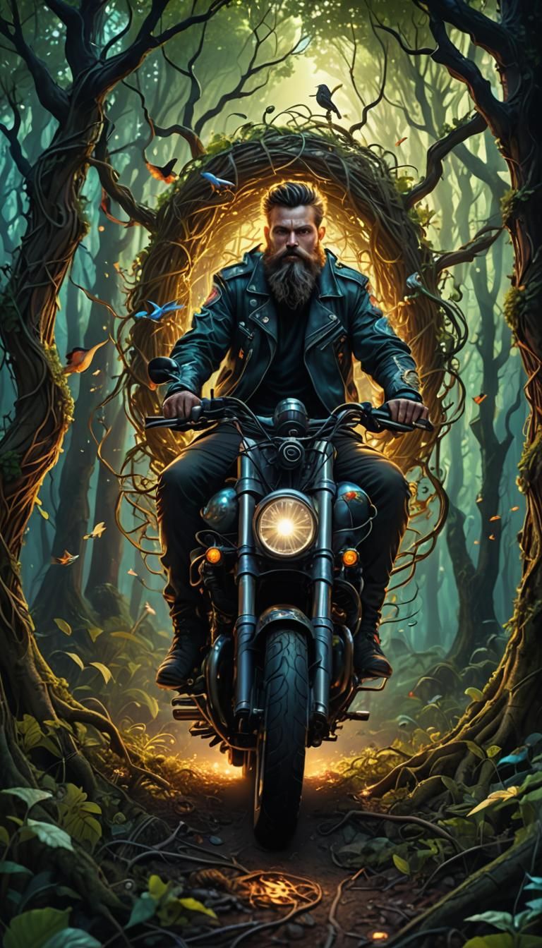 biker man with a beard made from vines and sticks and has a ...