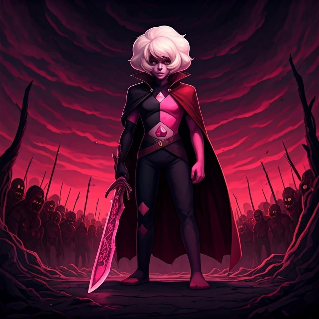 A sinister composite photograph of Extremely menacing very tall and imposing evil Steven universe himself fully fused with pink diamond wear...