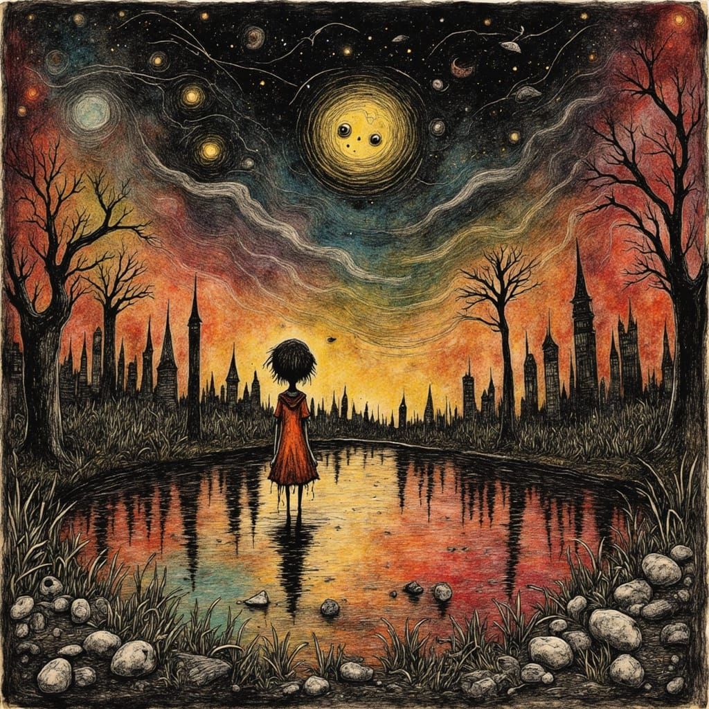 Alcohol ink. Magical Quirky Primitivism: Surreal whimsical painting, playful wanderer, Sam Toft. Disturbed crazy Haggard post apocalyptic el...