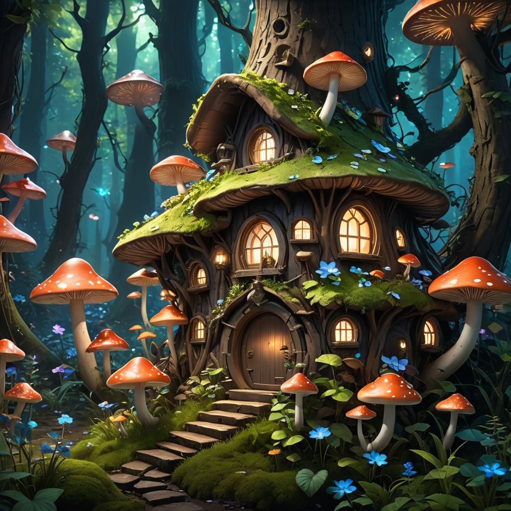 A fairy mushroom house in an enchanted bioluminescent forest...