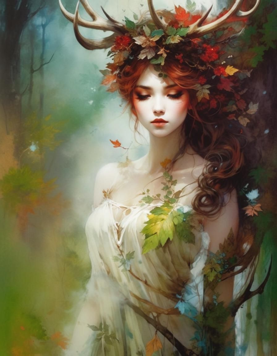 Beautiful forest dryad with antlers  by @Daleone