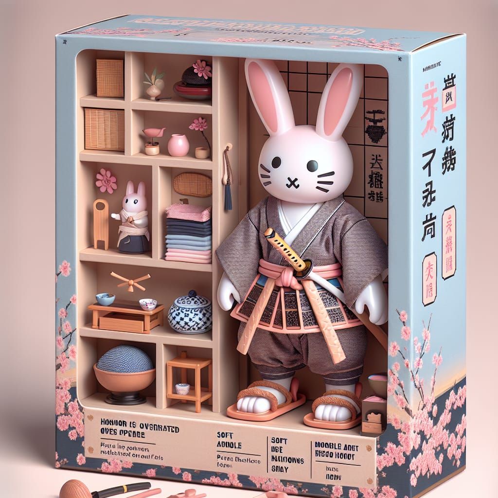 A photorealistic 3D render of an action figure inside the pack named ‘Samurai Usagi’, displayed in soft-colored ...  by @undefined