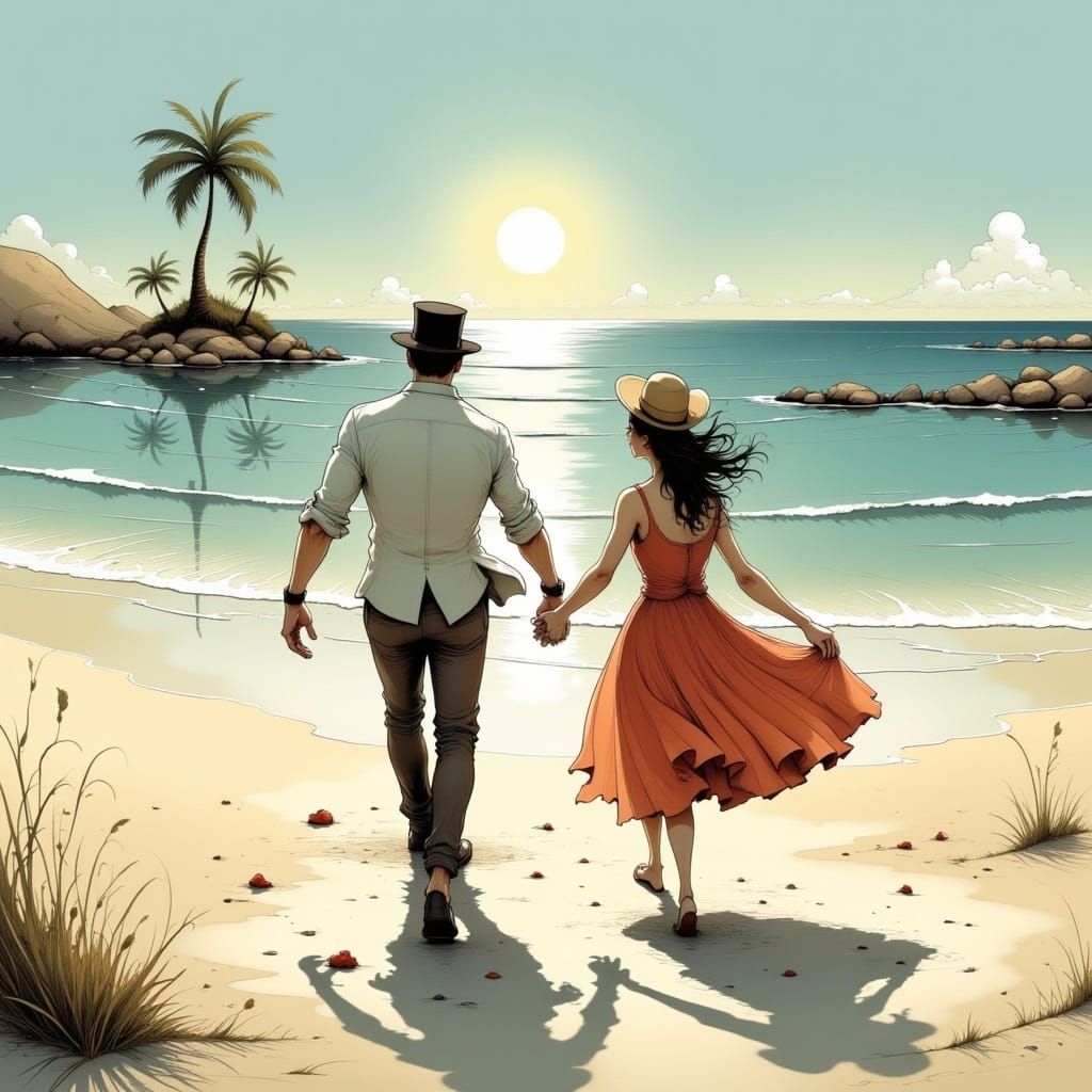 <lora:cuteNcreepy Flux:1.0>  A man and a woman holding hands walking on the beach, surreal illustration