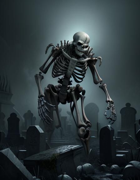 skeleton crawling out of it everywhere in graveyard backgrou...