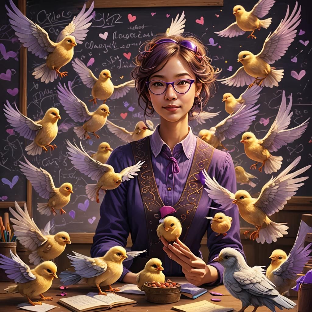 Adorable Chick Teacher Flying on Hearts