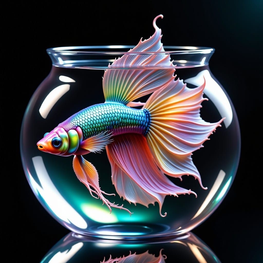 Exquisite Iridescent Betta in a Shiny Fishbowl, Hyperrealistic, Hyperdetailed Background, 
Volumetric Lighting <lora:Iridescent Fantasy:1.0>...