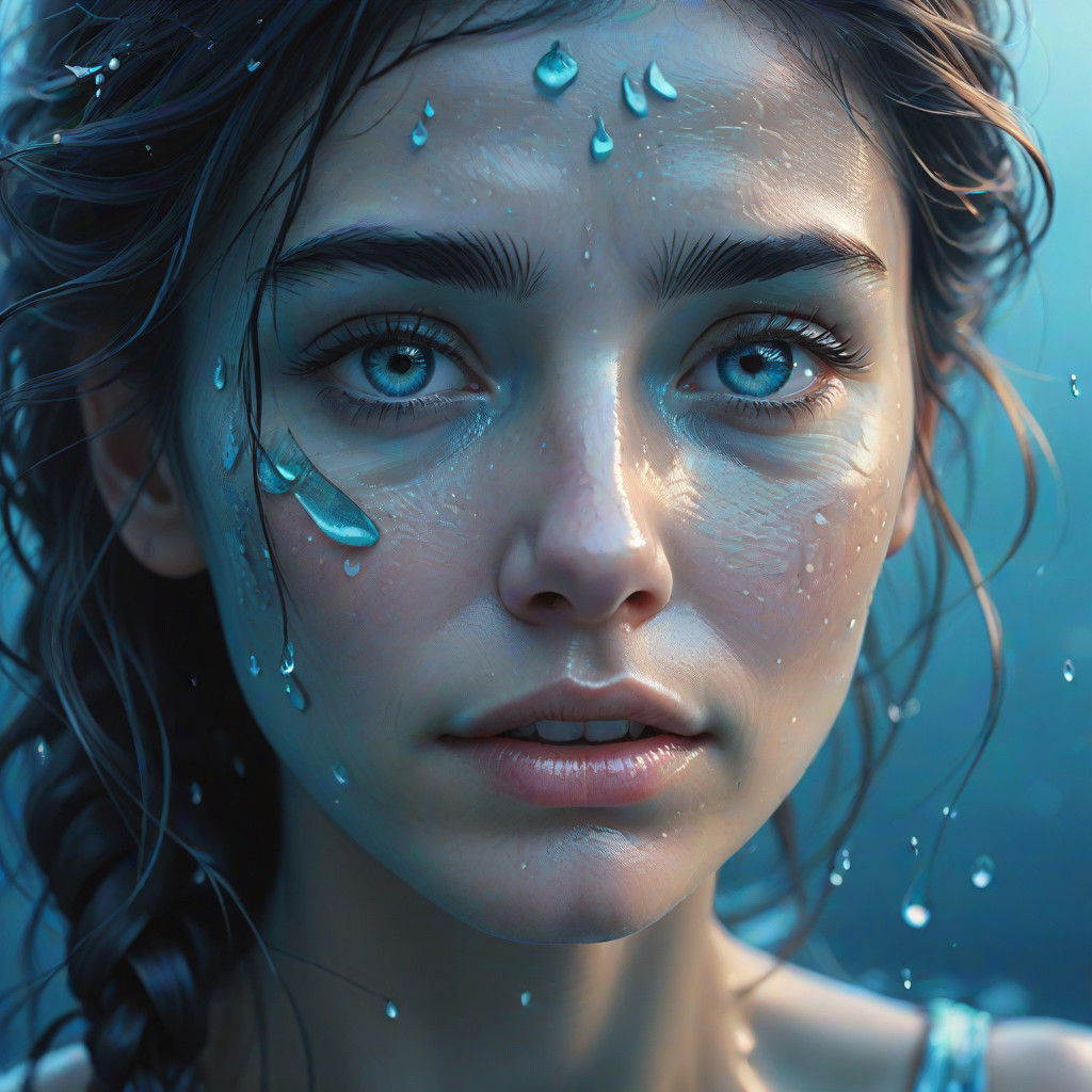 Sorrowful Lady in Tranquil Oceanic Hues