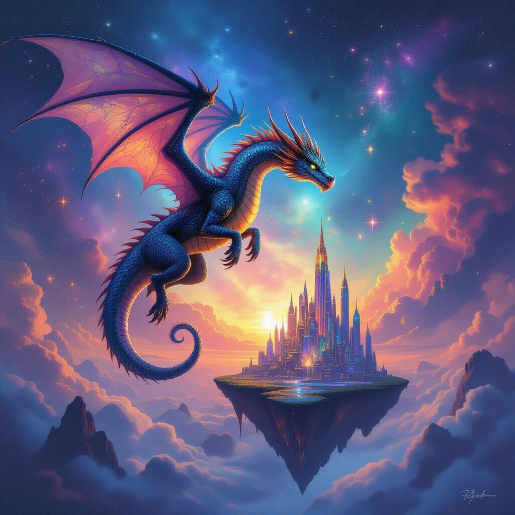 Airbrush art. A majestic dragon with iridescent scales soars through a nebula-filled sky, its silhouette outlined against distant galaxies. ...