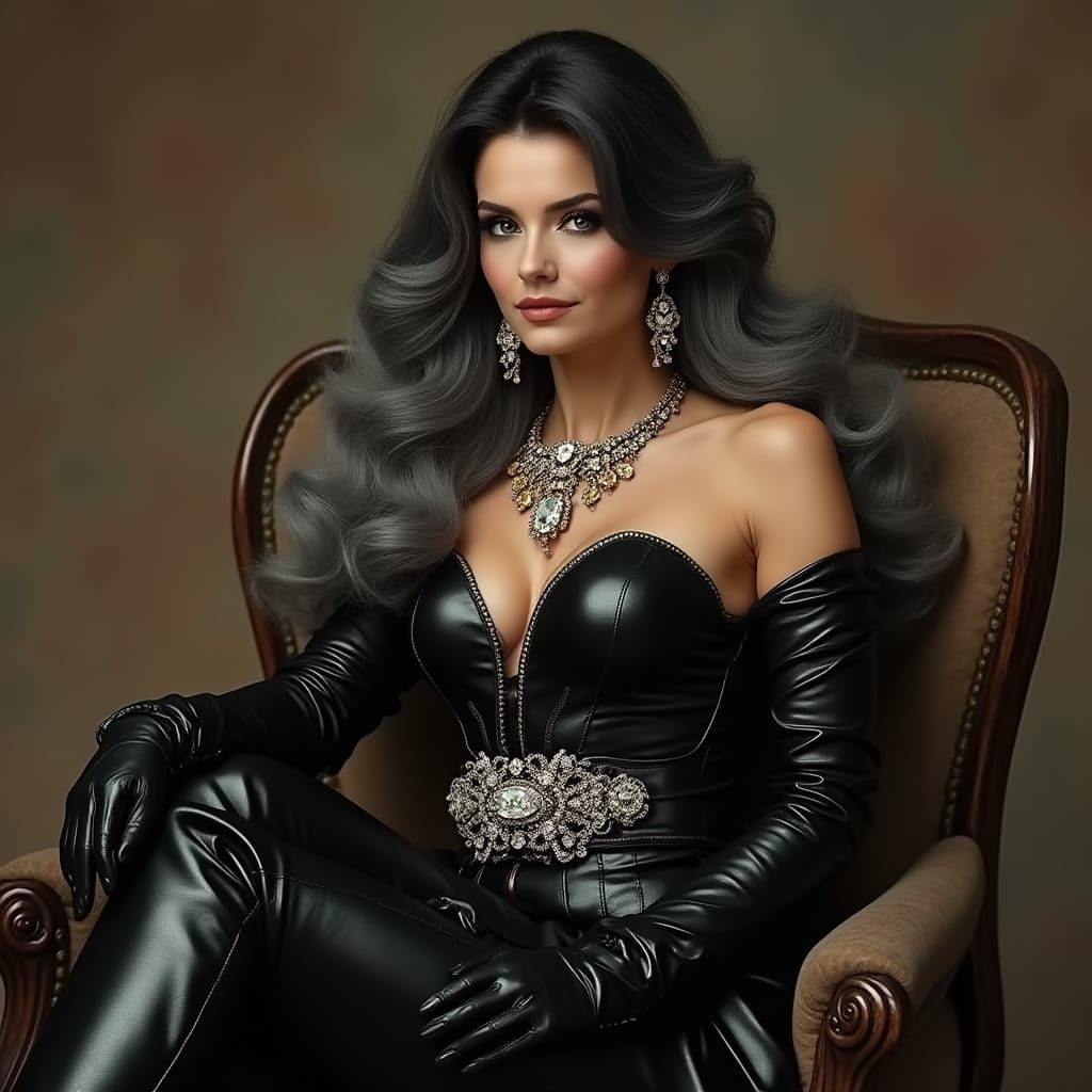 Gorgeous mature woman with long black and grey hair, a black leather dress and luxury thigh high boots. Adorned with diamond encrusted jewellery.