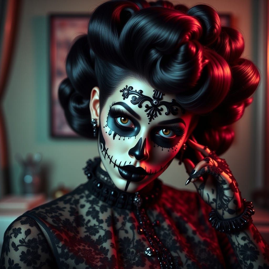  <lora:Midnight Retro V2:1.0> portrait, 1950’s gothpunk woman with sugar skull makeup, dynamic lighting 