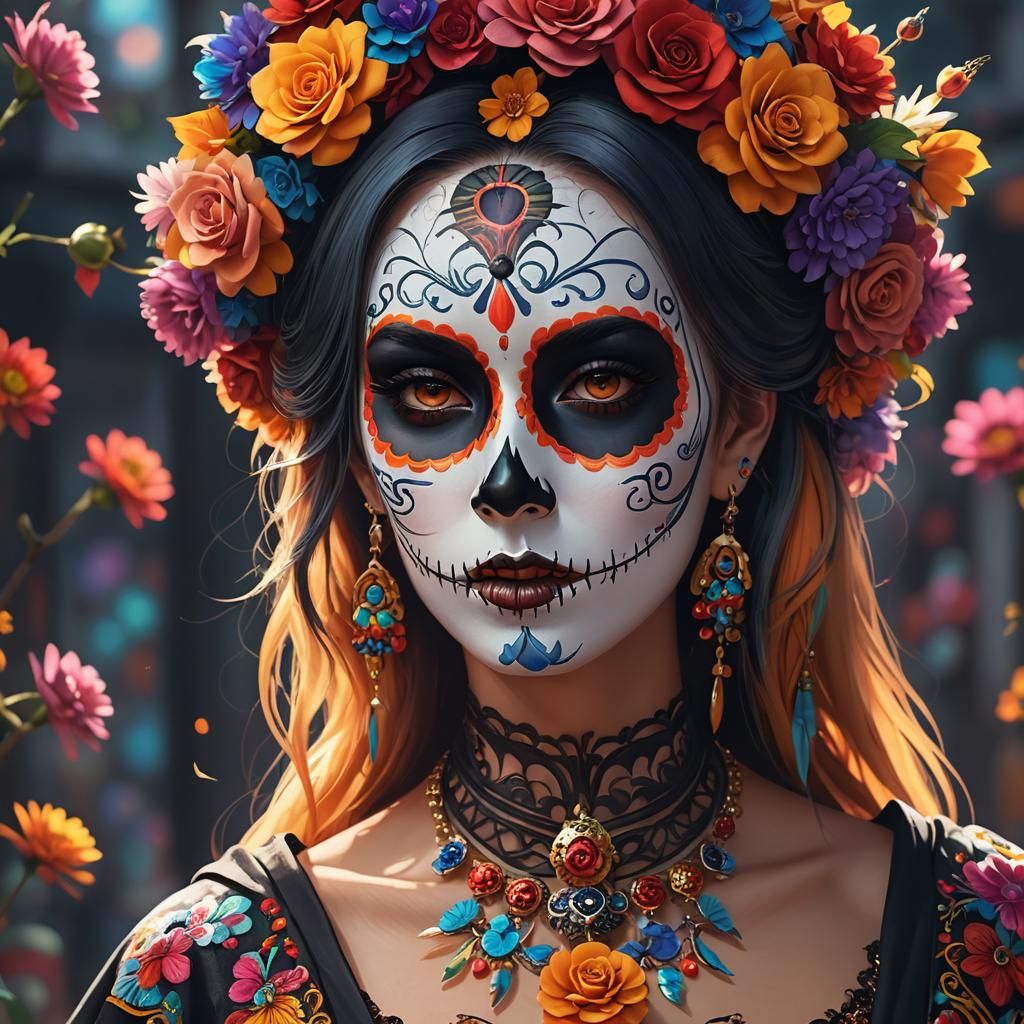 Medium shot of a beautiful woman wearing colorful Día de los...