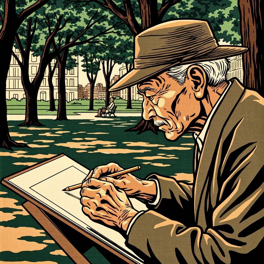 Elderly Artist Draws in Park, Woodblock Print Style