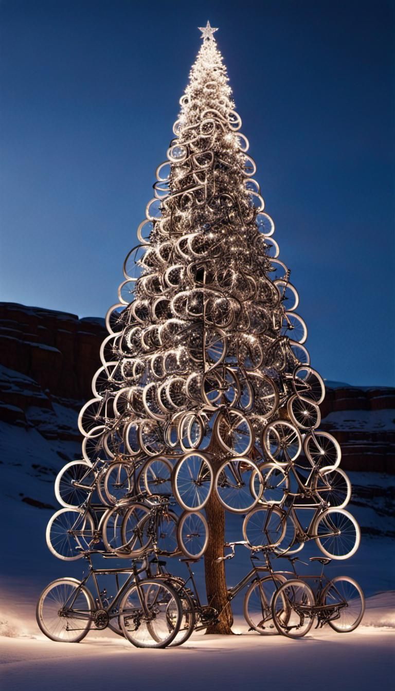 Christmas tree made of welded bicycles, f/16, stunning, cinematic, wintry canyon, lights  by @fragmentshader